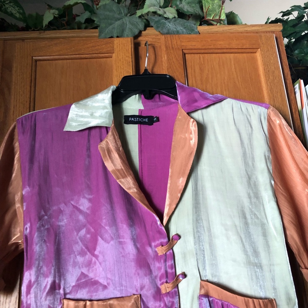 Pastiche Pink Collared Silky Color Block Button Up Blouse Size Small - Picture 4 of 16